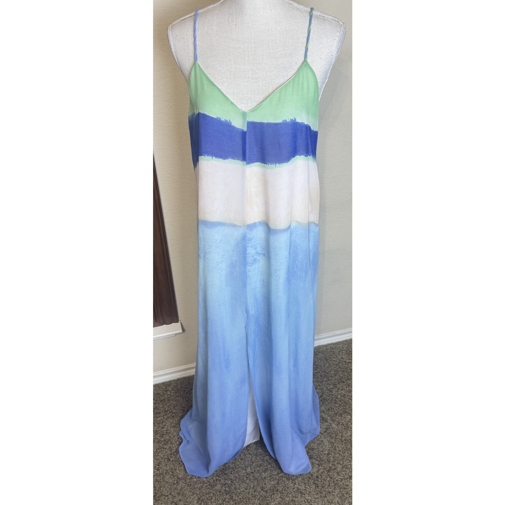 ZARA Watercolor Maxi Dress blue green ombre slip flowy front slit chiffon sz M